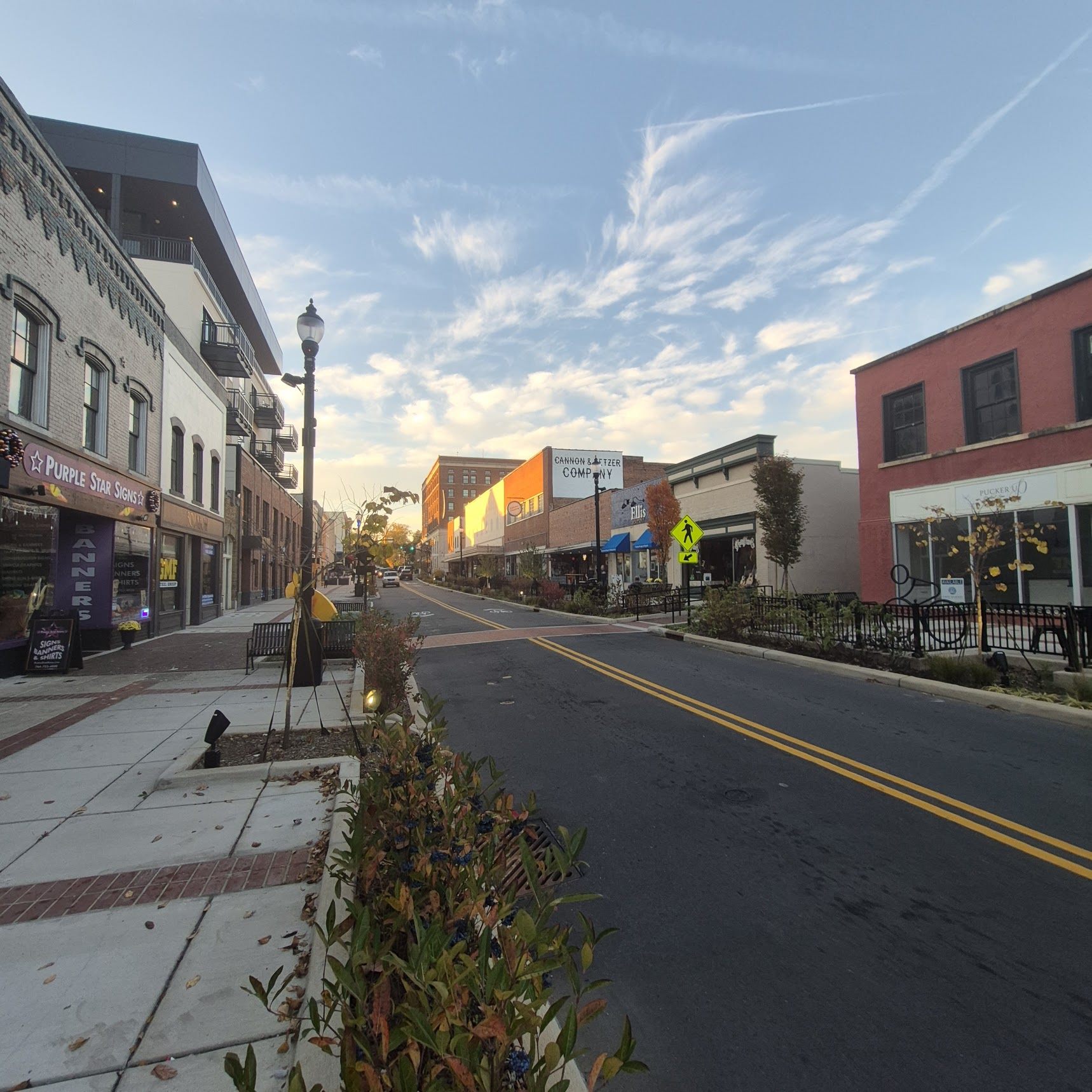 Union Street crosswalk Purple Star Signs downtown Concord NC